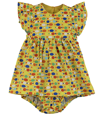 VESTIDO ESTAMPA BALA DELICIA FUNDO AMARELO