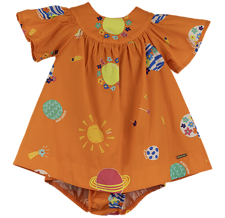 VESTIDO ESTAMPA PLANETAS FLORIDOS LARANJA