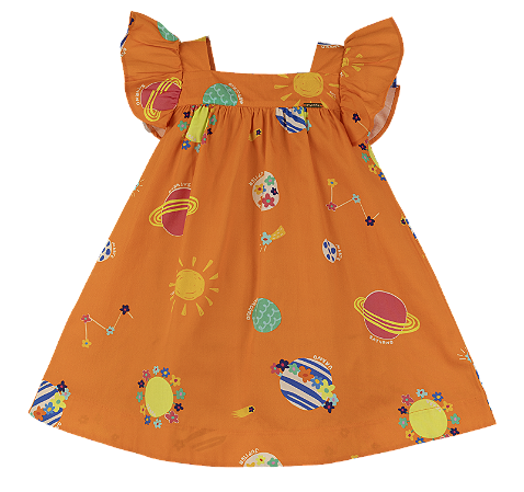 VESTIDO PLANETAS FLORIDOS LARANJA