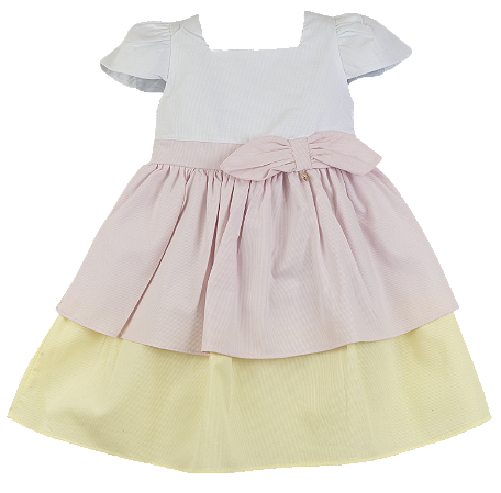 VESTIDO MAQUINETADO BRANCO ROSA E AMARELO