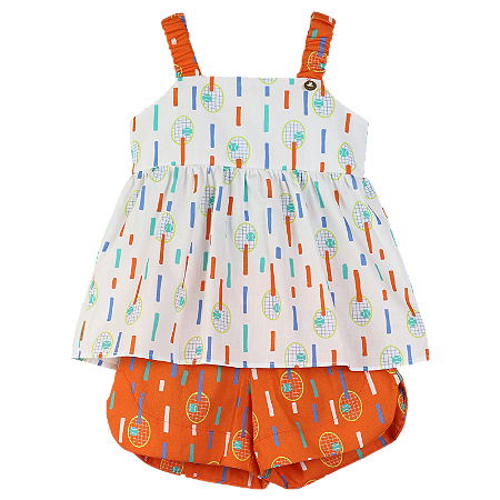 CONJUNTO ESTAMPA RAQUETADA BRANCO E LARANJA