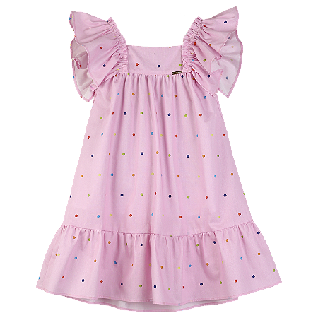 VESTIDO ESTAMPA POÁ COLORIDO FUNDO ROSA