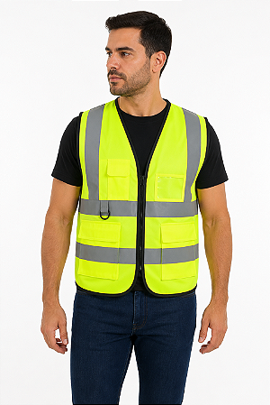 Colete Refletivo de Segurança Amarelo Fluorescente com Bolsos e Zíper
