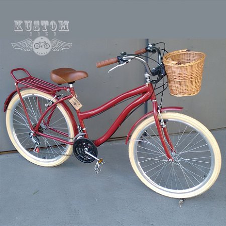 Bicicleta Feminina  Retrô c/ Cestinha Vime e Bagageiro Traseiro Vermelho Cereja Vintage
