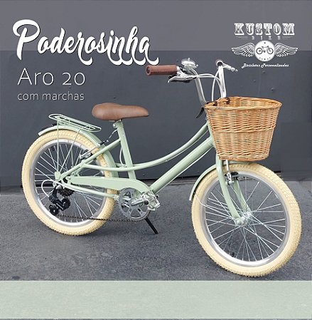 Bicicleta Infantil Retro Aro 20 Feminina com Marchas e Cestinha Vime  - Modelo Poderosinha