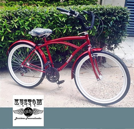 Bicicleta Beach Bike Cruiser Vermelho Cereja Vinho com paralamas - Rodas Aro Aero 26 Retrô Vintage Caiçara