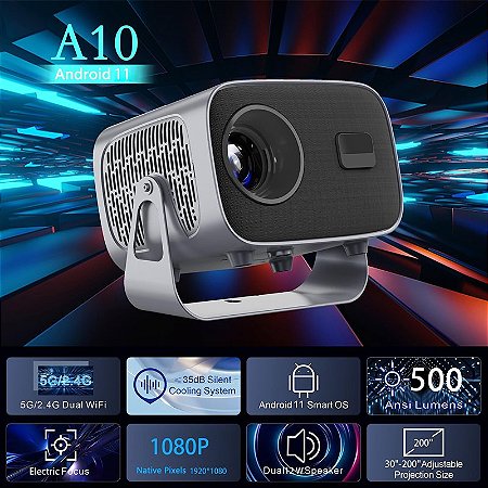 Projetor Salange HY-310 Projetor N7, Android 11, Wifi 6 BT 5.2, Correcao Trapezoidal Eletronica, 10000 Lumens 1080P Full HD 4K Suporte de Ajustável 360° e Som 5W, Mini Projetor Portatil (EU PLUG)