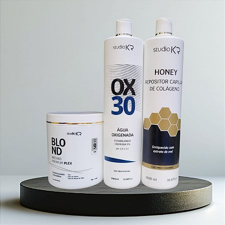 Pó Descolorante + Água oxigenada 30v + Repositor de Colágeno