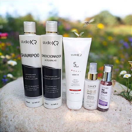 Shampoo + Condicionador + Leave-in 5em1 + Spray Bifasico + Reparador de Pontas