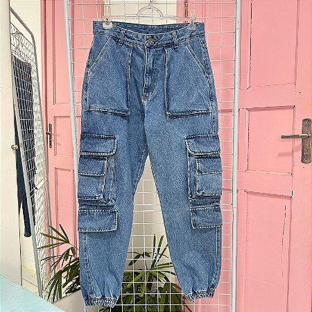 Calça jeans jogger cargo - 42