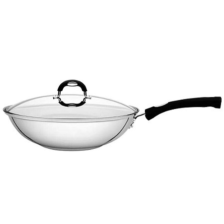 Panela Wok Frigideira Funda Grande Aço Inox Cooktop Fogão Indução 28cm com Tampa