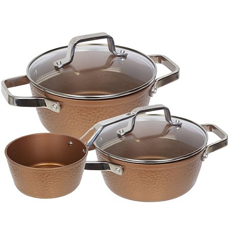 Jogo de Panelas Antiaderente Fogão Indução Kit 3 Peças Conjunto Aluminio Forjado Martelada Cobre Begner