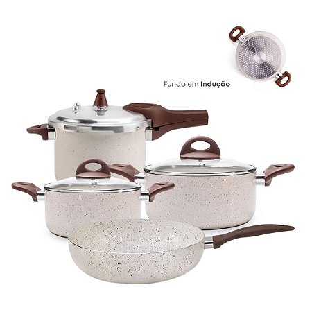 Jogo de Panelas Antiaderente Ceramica Vanilla Cooktop Fogão Indução Kit 4 Peças Conjunto Brinox