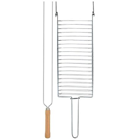 Kit Preparo Churrasco 2pcs Churrasqueira Grelha e Espeto Duplo 55cm Cabo Madeira