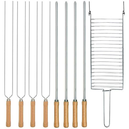 Kit Preparo Churrasco 9pcs Grelha e Espetos 65cm Simples e Duplo Cabo Madeira p/ Churrasqueira Mor