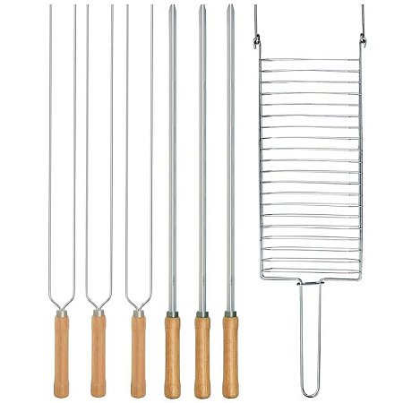 Kit Preparo Churrasco 7pcs Churrasqueira Grelha e Espetos 65cm Simples e Duplo Cabo Madeira