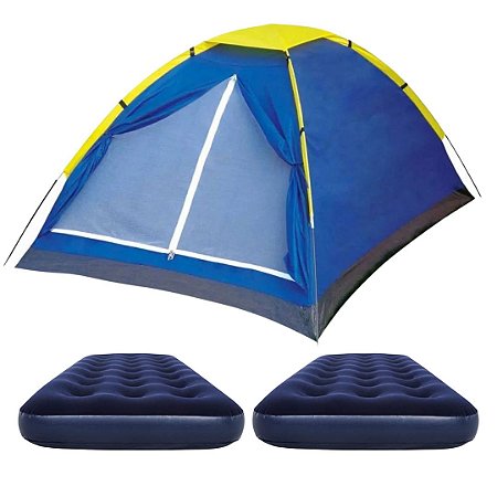 Kit Acampamento Camping Barraca Acampar 4 Lugares Pessoas e 2 Colchão Inflável Solteiro