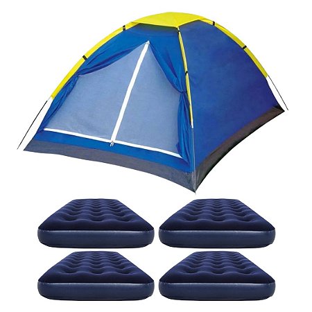 Kit Acampamento Camping Barraca Acampar 4 Lugares Pessoas e 4 Colchão Inflável Solteiro