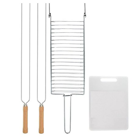 Kit Preparo Churrasco 4pcs Churrasqueira Grelha 2 Espetos Duplo 65cm e Tabua de Corte