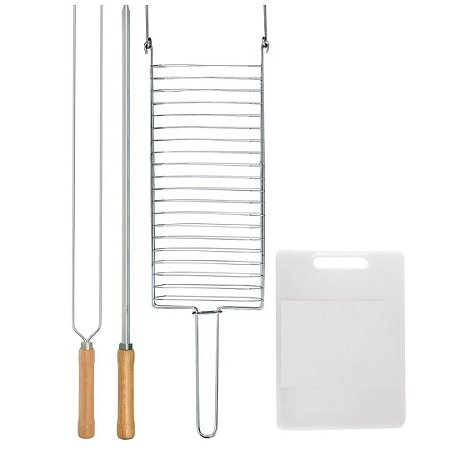 Kit Preparo Churrasco 4pcs Churrasqueira Grelha Espeto Simples e Duplo 65cm e Tabua de Corte Mor