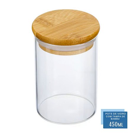 Pote Hermético De Vidro Com Tampa Bambu 450ml Porta Mantimentos Alimentos