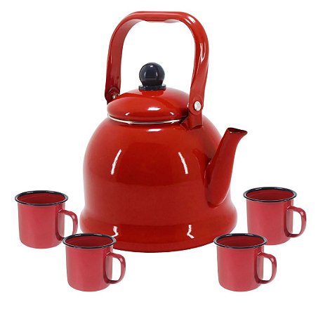 Kit Chaleira Esmaltada Antiga 1,7 Litros e 4 Canecas Retrô 90ml Tradicional Café Chá Rustica