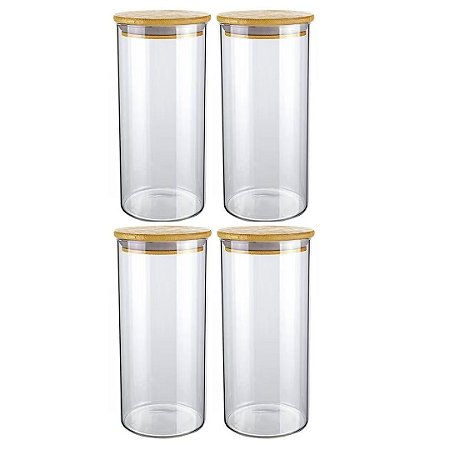 Kit 4 Potes Hermético de Vidro Tampa Bambu p/ Mantimentos Condimentos Alimentos Jogo Organizador