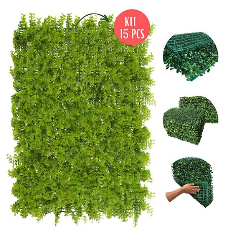 Kit 15 Placas Painel Jardim Vertical Artificial Eucalipto Sintético Cheia Folhagem 40x60 Muro Inglês