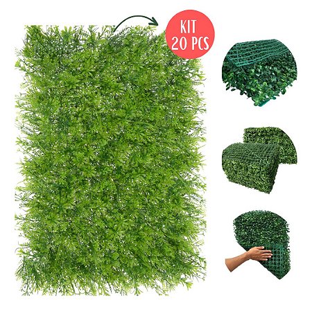 Kit 20 Placas Painel Jardim Vertical Artificial Sintético Cheia Folhagem Mista 40x60 Muro Inglês