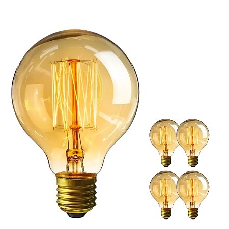 Kit 4 Lampadas Retro Vintage Filamento Carbono G125 60W 127V Âmbar Gold Branca Quente Kian