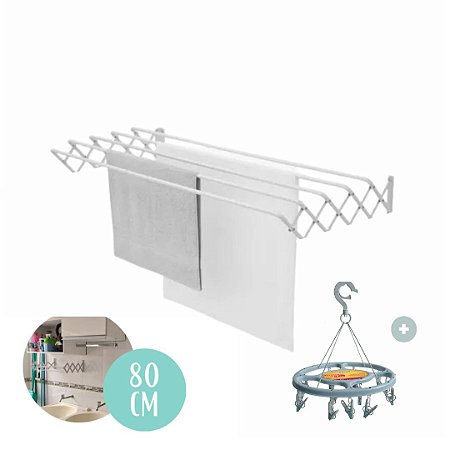 Varal de Roupas de Parede Retrátil para Apartamento Lavanderia Sanfonado 80cm Resistente C/ Varalzinho 12 pregadores