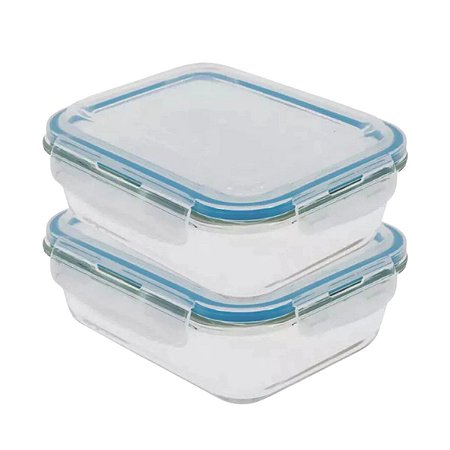 Kit 2 Potes Hermético de Vidro Borossilicato Marmita 600ml Vasilha Alimentos Retangular