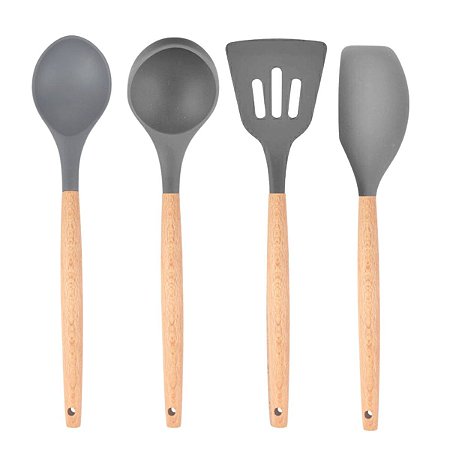 Jogo de Utensílios Cozinha Silicone Cabo Madeira Conjunto Kit 4 Peças