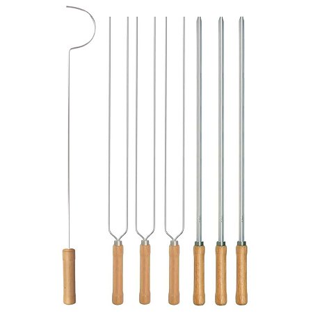 Kit Preparo Churrasco 7pcs Churrasqueira Espetos 55cm Simples e Duplo Cabo Madeira Mor