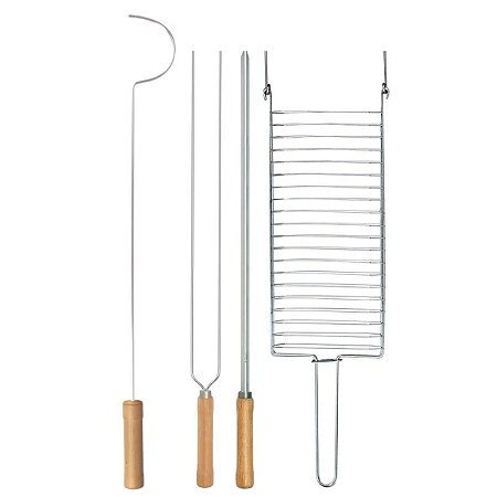 Kit Preparo Churrasco 4pcs Churrasqueira Espetos 55cm Simples e Duplo Cabo Madeira Mor