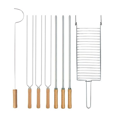 Kit Preparo Churrasco 8pcs Churrasqueira Espetos 65cm Simples e Duplo Cabo Madeira Mor