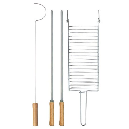 Kit Preparo Churrasco 4pcs Churrasqueira Espetos 65cm Grelha e Espalhador Brasa Cabo Madeira Mor