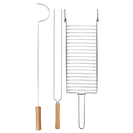 Kit Preparo Churrasco 3pc Churrasqueira Espeto 65cm Grelha e Espalhador Brasa Cabo Madeira Mor