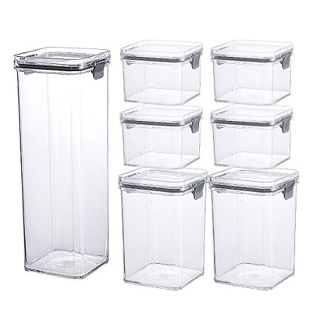 Kit 7 Potes Hermético Para Mantimentos Condimentos Alimentos Plástico Jogo Organizador Coza