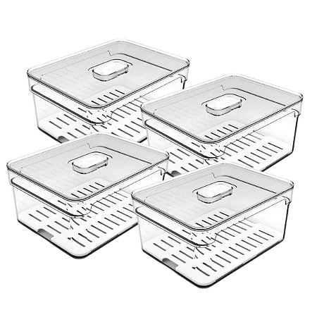 Kit 4pc Organizador De Geladeira 2,2L Com Tampa Escorredor Legumes Frutas Verduras Acrílico