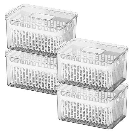 Kit 4 Organizadores De Geladeira 3,2L C/ Tampa e Cesto Escorredor Legumes Frutas Verduras