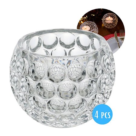 Kit 4 Suportes Cinzeiro Porta Vela de Cristal Vidro Bolhas 11cm Castiçal Lyor Pote