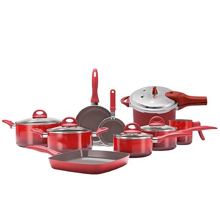 Jogo de Panelas Antiaderente Ceramica Kit 9 Peças Brinox Conjunto Smart Plus Ceramic Life Vermelho