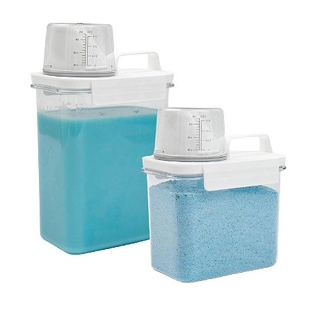 Kit 2 Dispenser Pote Medidor Hermético Porta Produtos Limpeza Organizador Lavanderia Alimentos