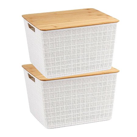 Kit 2 Caixas Cesto Organizador 18 Litros Com Tampa de Bambu Grande Multiuso