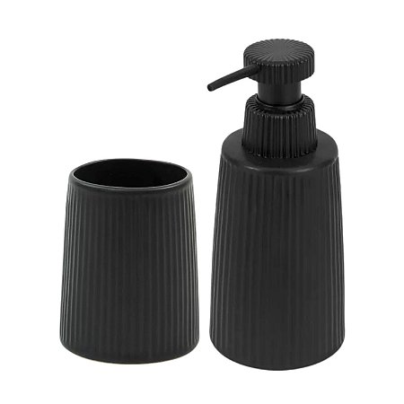 Kit Banheiro Lavabo Cerâmica Canelado Porta Sabonete e Pote Porta Algodão Cotonete