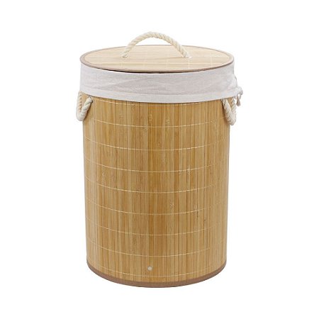 Cesto De Roupa Suja Redondo Bambu Forrado Com Tampa Organizador