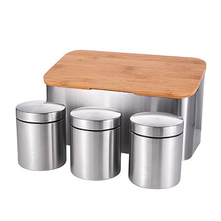 Conjunto Porta Pão Kit 3 Potes Mantimentos Inox Café da Manhã
