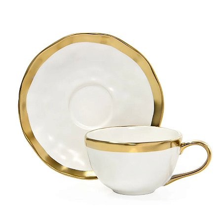 Xicara de Chá Café Com Pires Porcelana Dubai 200ml Luxo Borda Dourada Wolff