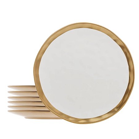 Jogo 6 Pratos de Sobremesa Porcelana Dubai Luxo 21cm Wolff Dourado